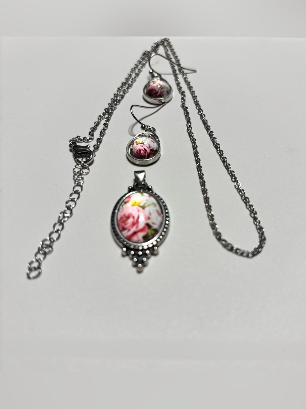 Silver-Tone Pink Rose Pendant Necklace and Earrings Set with 20” Silvery Chain